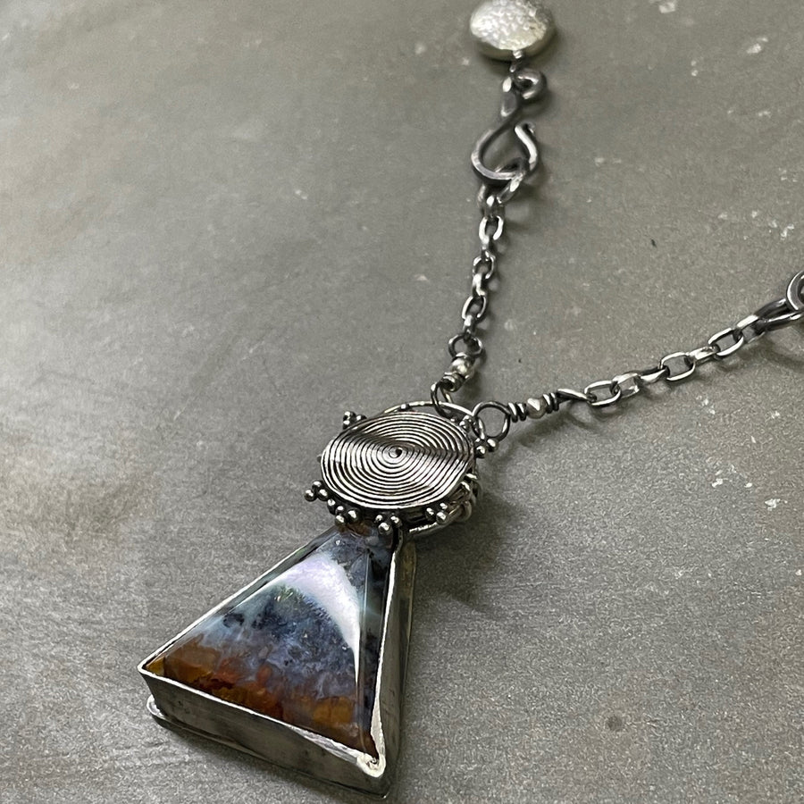 Agatized Multicolor Petrified Wood Triangular, Freeform Cabochon set in Sterling Silver Necklace, One of a kind Artisan Jewelry -Rūd Company