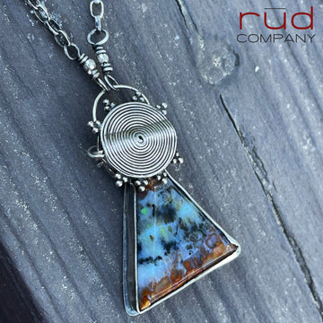 Agatized Multicolor Petrified Wood Triangular, Freeform Cabochon set in Sterling Silver Necklace, One of a kind Artisan Jewelry -Rūd Company