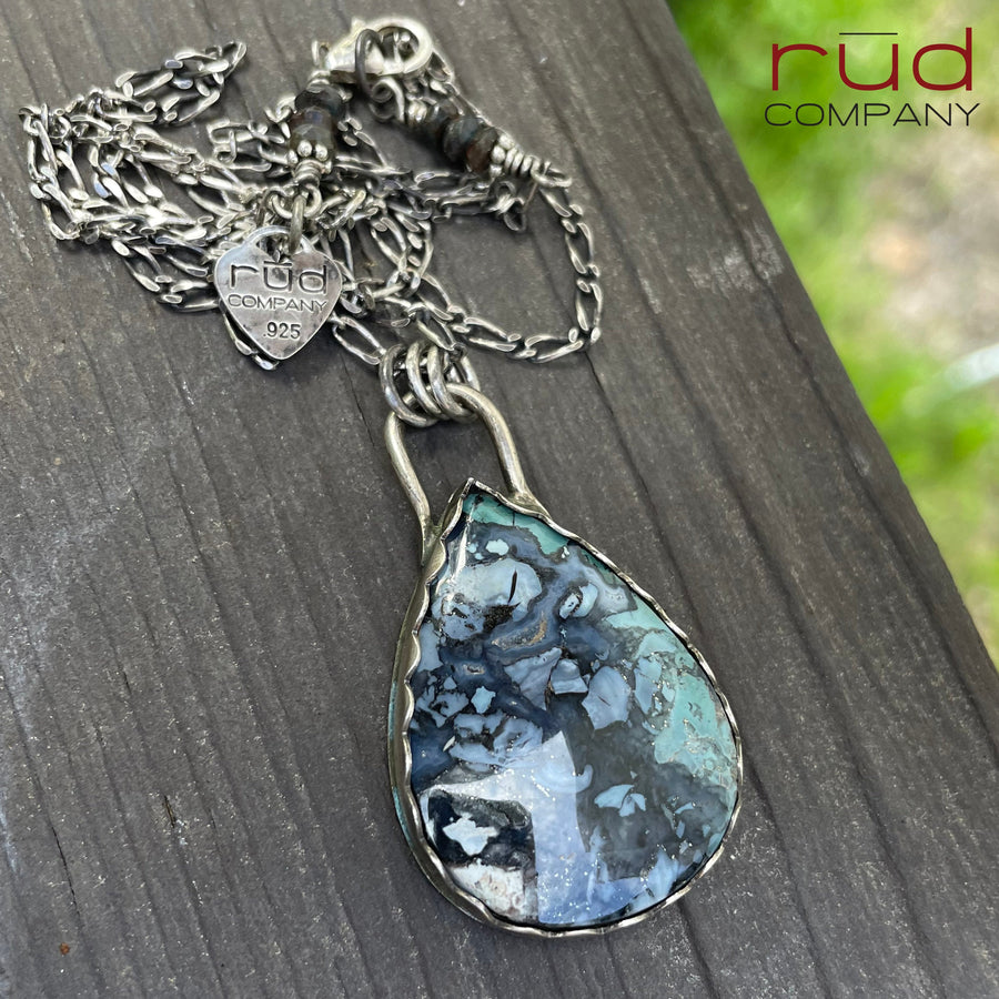 Agatized Multicolor Petrified Wood Teardrop Cabochon set in Sterling Silver Necklace, Handmade, One of a kind Artisan Jewelry - Rūd Company