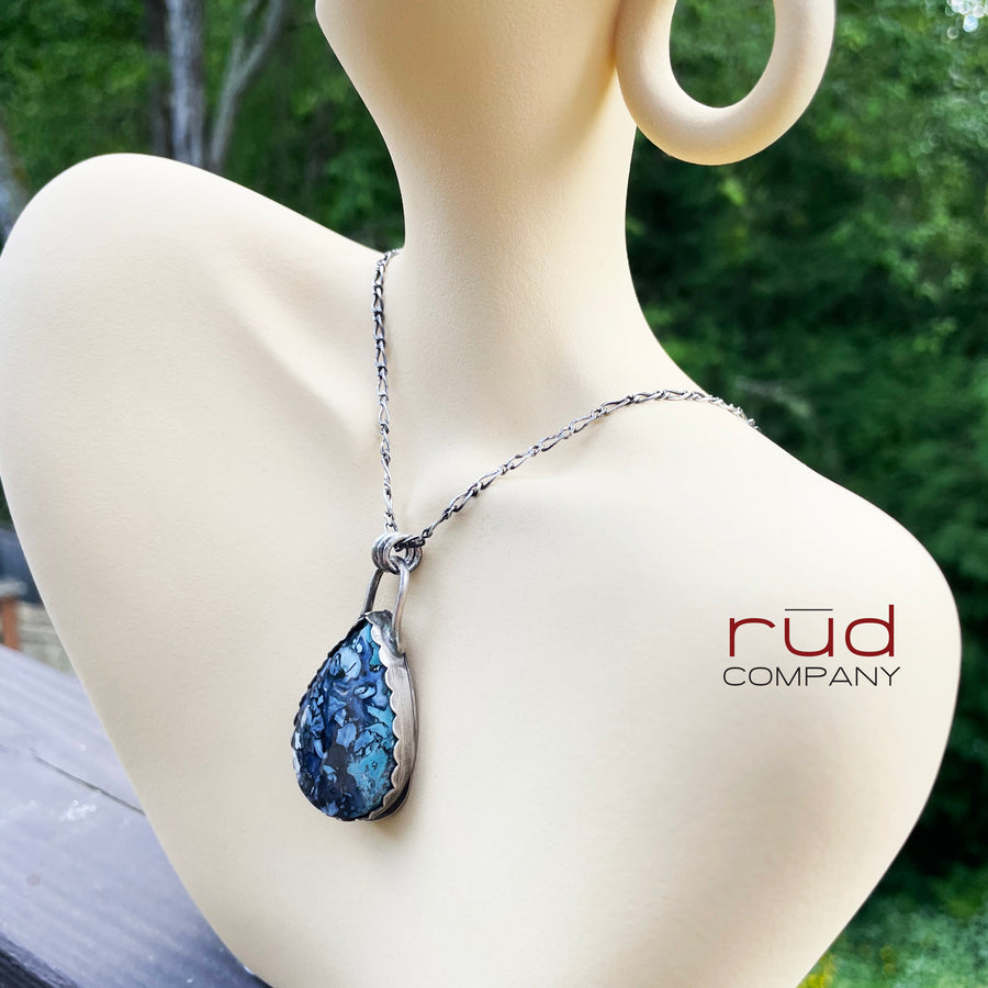 Agatized Multicolor Petrified Wood Teardrop Cabochon set in Sterling Silver Necklace, Handmade, One of a kind Artisan Jewelry - Rūd Company