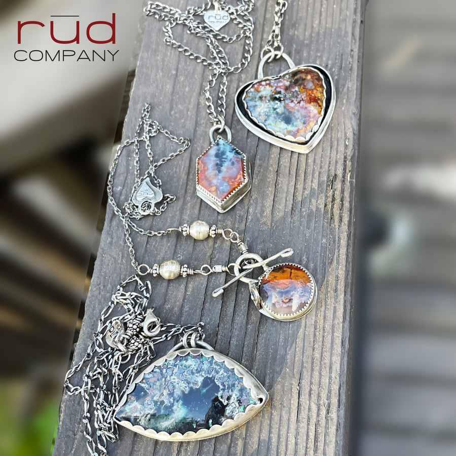 Agatized Multicolor Petrified Wood Teardrop Cabochon set in Sterling Silver Necklace, Handmade, One of a kind Artisan Jewelry - Rūd Company