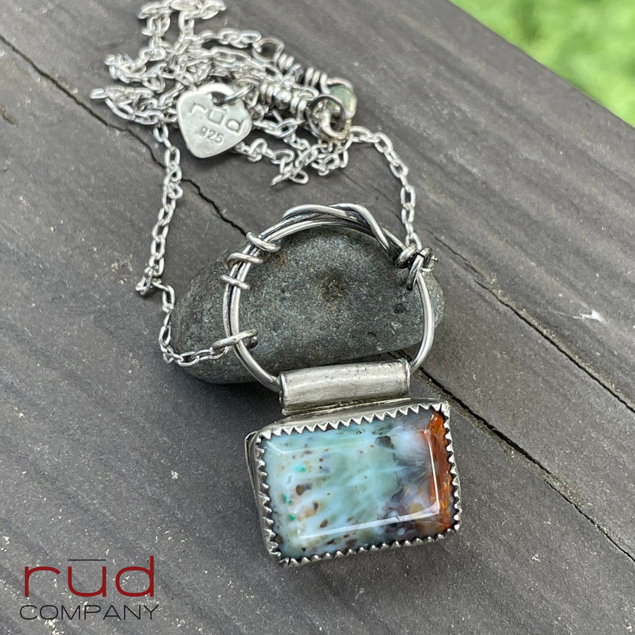 Agatized Multicolor Petrified Wood Rectangular Cabochon set in Sterling Silver Necklace, Handmade, One of a kind Artisan Jewelry-Rūd Company