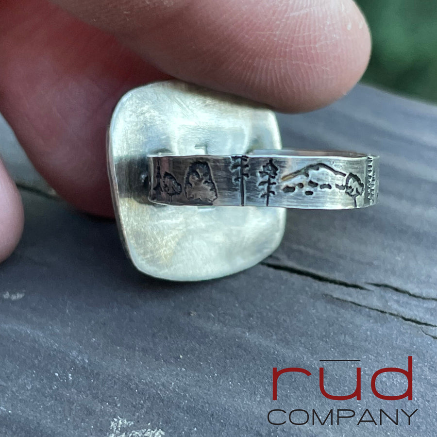 Agatized Multicolor Petrified Wood, Freeform Beveled Square Cabochon Ring in Sterling Silver, Cocktail Ring, Rainier Band - One of a kind