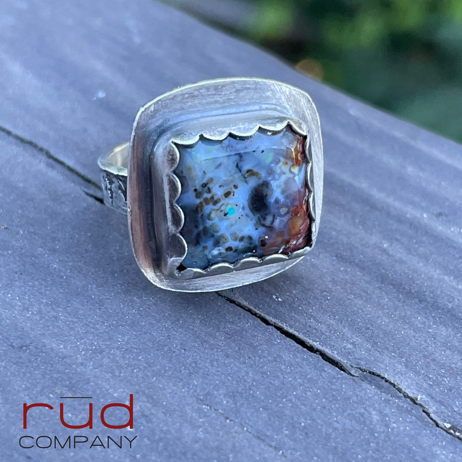 Agatized Multicolor Petrified Wood, Freeform Beveled Square Cabochon Ring in Sterling Silver, Cocktail Ring, Rainier Band - One of a kind