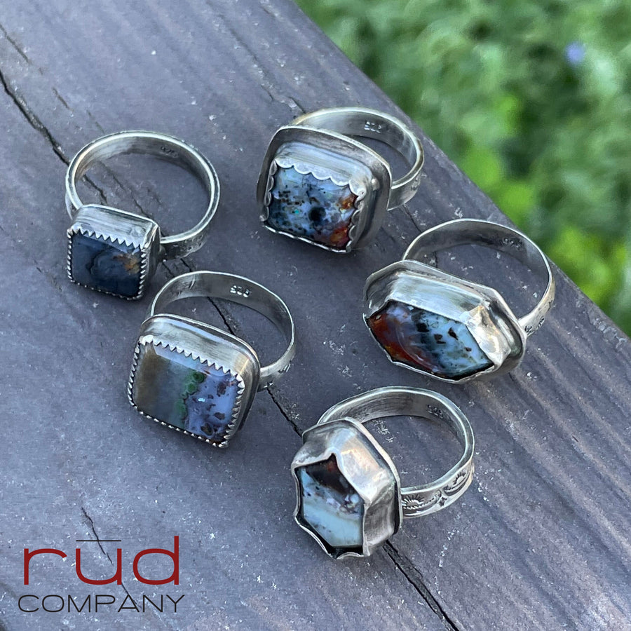 Agatized Multicolor Petrified Wood, Freeform Beveled Square Cabochon Ring in Sterling Silver, Cocktail Ring, Rainier Band - One of a kind