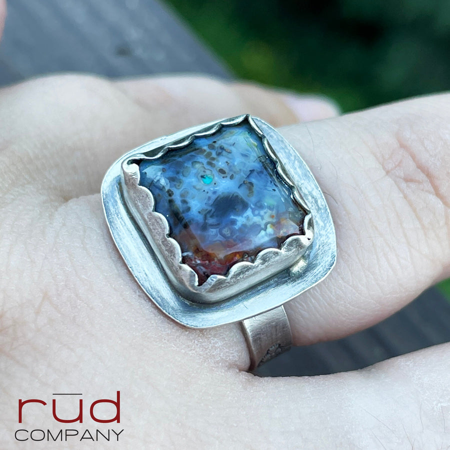 Agatized Multicolor Petrified Wood, Freeform Beveled Square Cabochon Ring in Sterling Silver, Cocktail Ring, Rainier Band - One of a kind