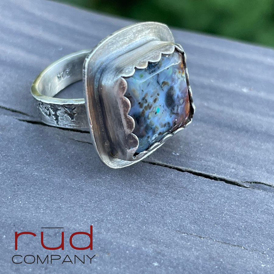 Agatized Multicolor Petrified Wood, Freeform Beveled Square Cabochon Ring in Sterling Silver, Cocktail Ring, Rainier Band - One of a kind