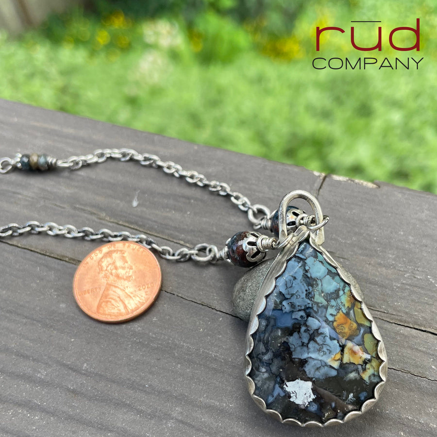 Agatized Multicolor Petrified Wood Teardrop Cabochon set in Sterling Silver Necklace, Handmade, One of a kind Artisan Jewelry - Rūd Company