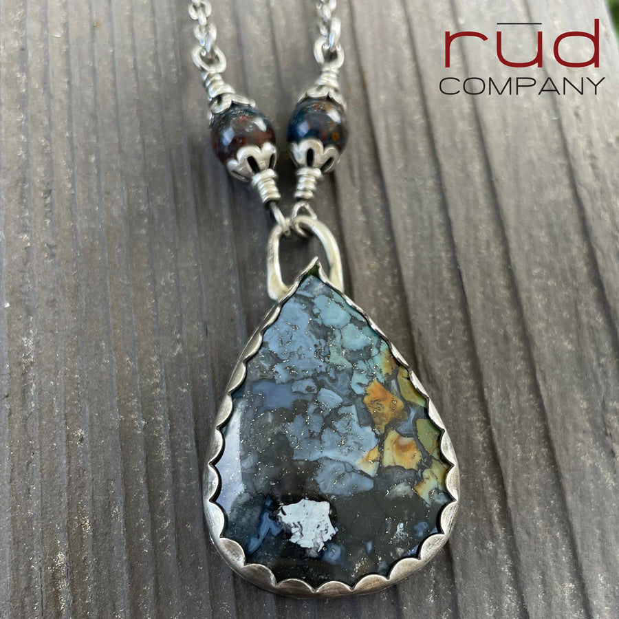 Agatized Multicolor Petrified Wood Teardrop Cabochon set in Sterling Silver Necklace, Handmade, One of a kind Artisan Jewelry - Rūd Company