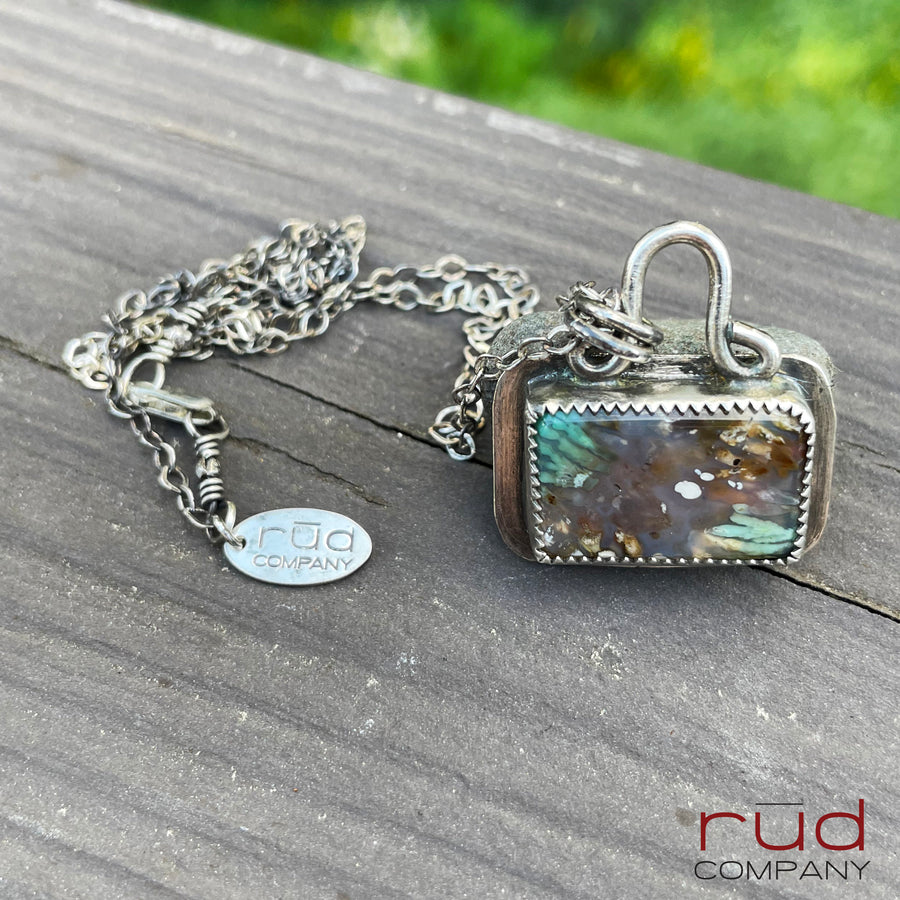 Agatized Multicolor Petrified Wood Rectangular Cabochon set in Sterling Silver Necklace, Handmade, One of a kind Artisan Jewelry-Rūd Company