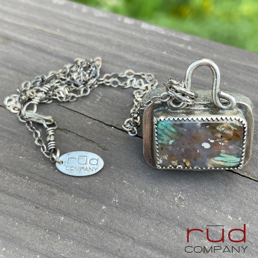 Agatized Multicolor Petrified Wood Rectangular Cabochon set in Sterling Silver Necklace, Handmade, One of a kind Artisan Jewelry-Rūd Company