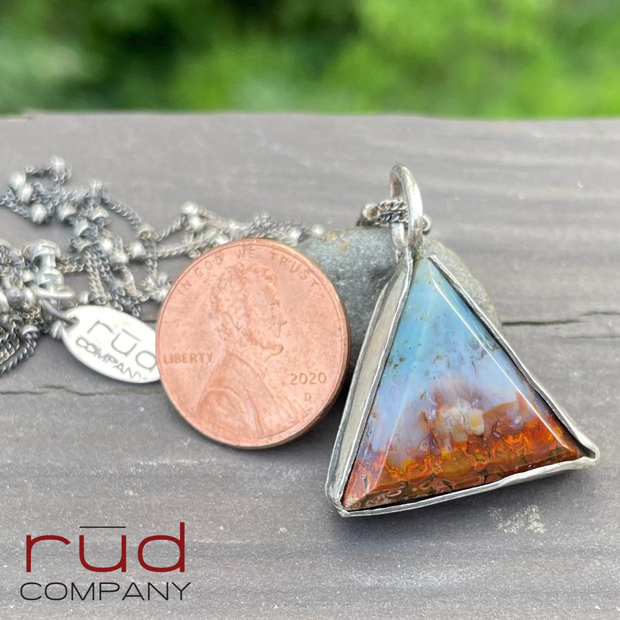 Agatized Multicolor Petrified Wood Triangular, Freeform Cabochon set in Sterling Silver Necklace, One of a kind Artisan Jewelry -Rūd Company