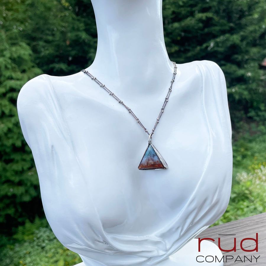 Agatized Multicolor Petrified Wood Triangular, Freeform Cabochon set in Sterling Silver Necklace, One of a kind Artisan Jewelry -Rūd Company