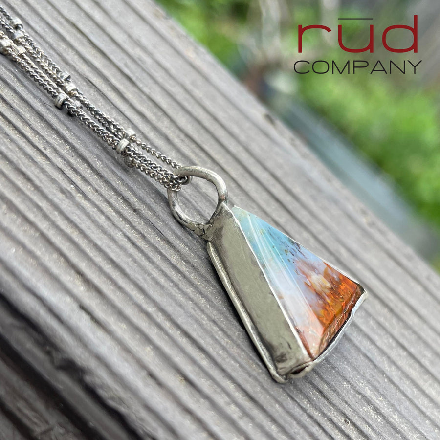 Agatized Multicolor Petrified Wood Triangular, Freeform Cabochon set in Sterling Silver Necklace, One of a kind Artisan Jewelry -Rūd Company