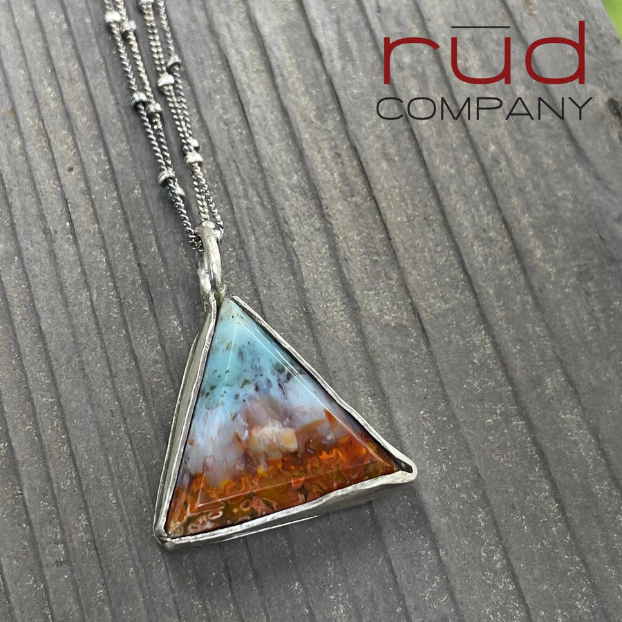 Agatized Multicolor Petrified Wood Triangular, Freeform Cabochon set in Sterling Silver Necklace, One of a kind Artisan Jewelry -Rūd Company