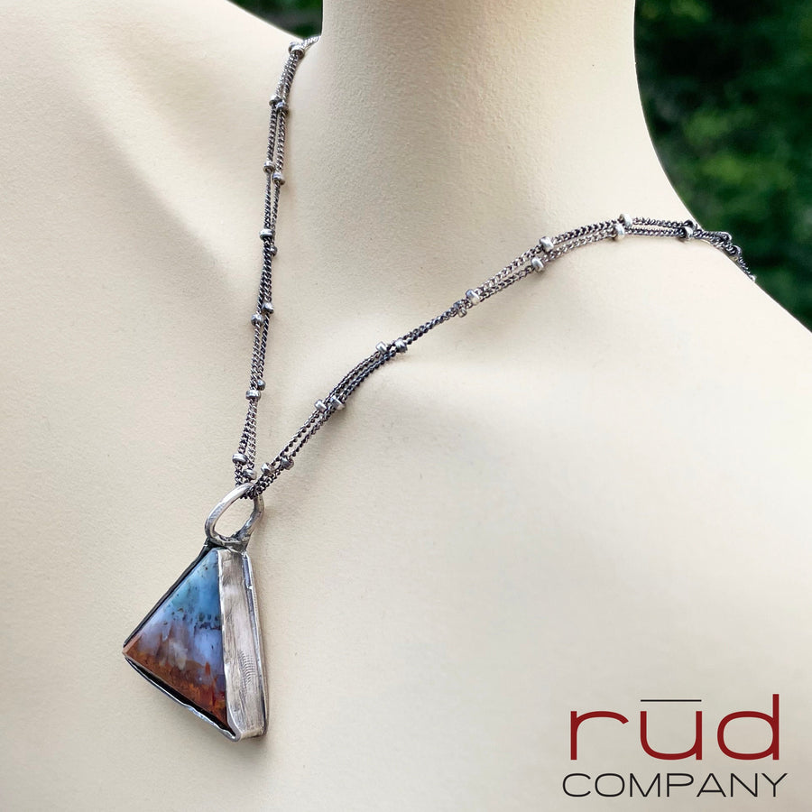 Agatized Multicolor Petrified Wood Triangular, Freeform Cabochon set in Sterling Silver Necklace, One of a kind Artisan Jewelry -Rūd Company