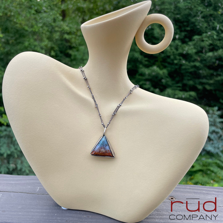 Agatized Multicolor Petrified Wood Triangular, Freeform Cabochon set in Sterling Silver Necklace, One of a kind Artisan Jewelry -Rūd Company