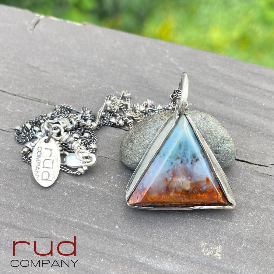 Agatized Multicolor Petrified Wood Triangular, Freeform Cabochon set in Sterling Silver Necklace, One of a kind Artisan Jewelry -Rūd Company