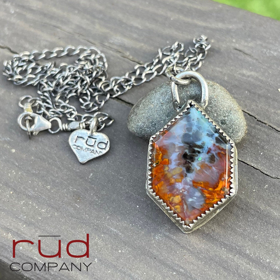 Agatized Multicolor Petrified Wood Double-Point Hexagon Cabochon set in Sterling Silver Necklace, One of a kind Artisan Jewelry -Rūd Company