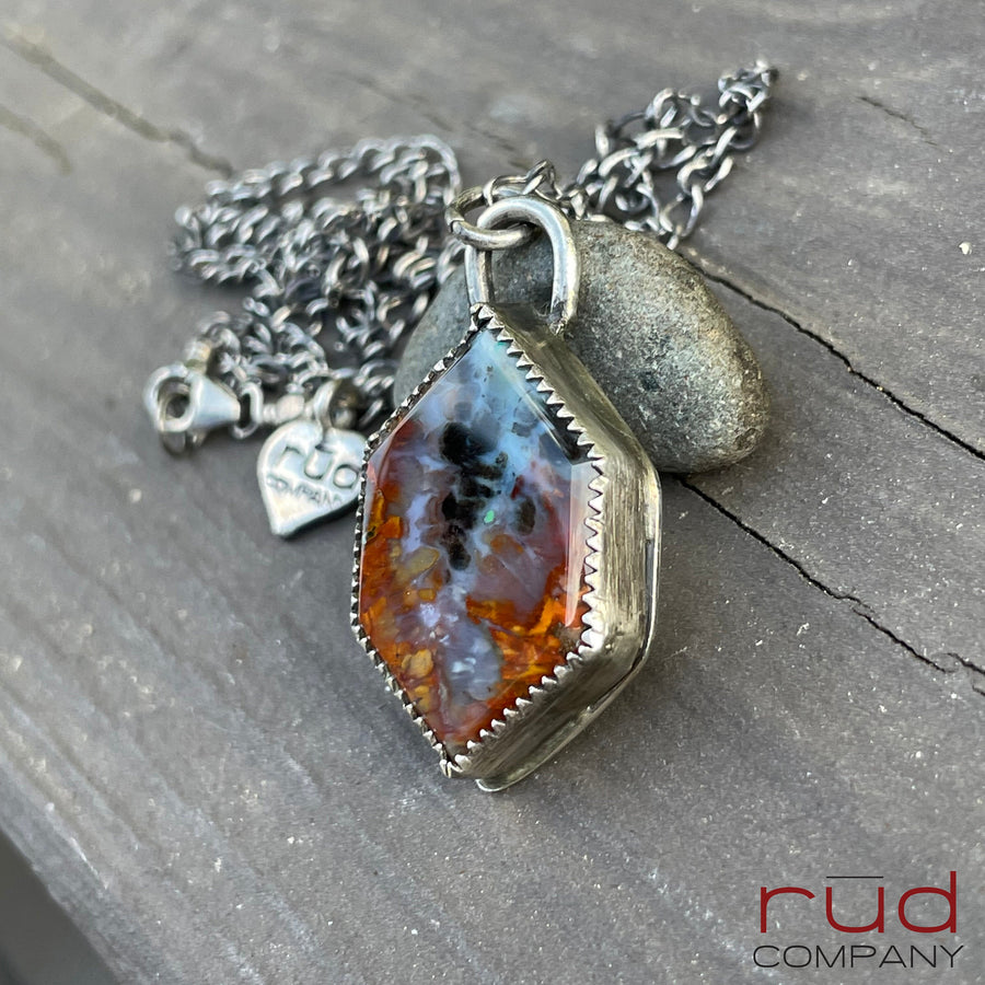 Agatized Multicolor Petrified Wood Double-Point Hexagon Cabochon set in Sterling Silver Necklace, One of a kind Artisan Jewelry -Rūd Company