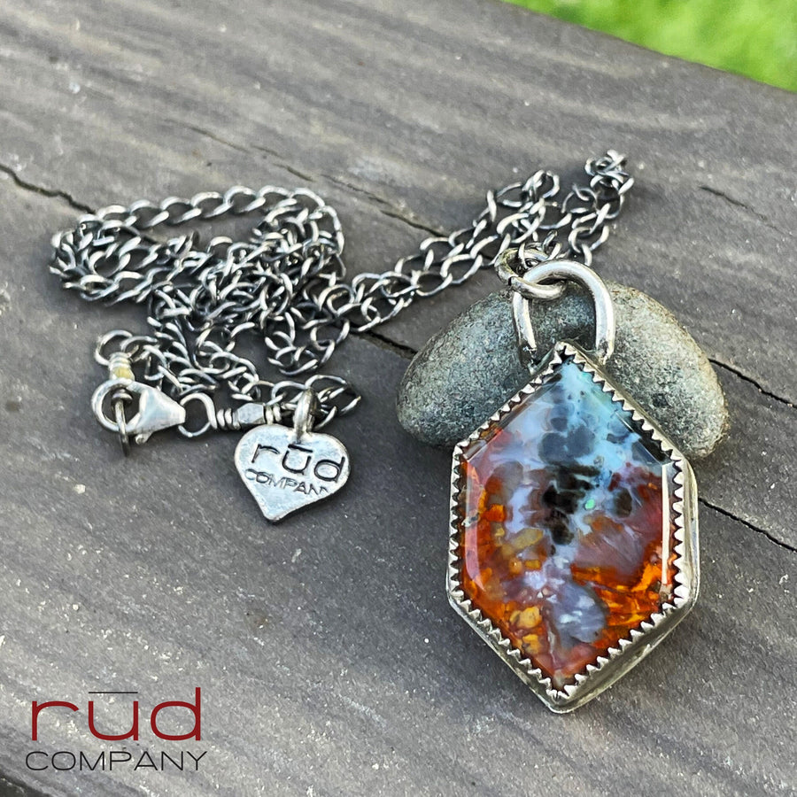 Agatized Multicolor Petrified Wood Double-Point Hexagon Cabochon set in Sterling Silver Necklace, One of a kind Artisan Jewelry -Rūd Company