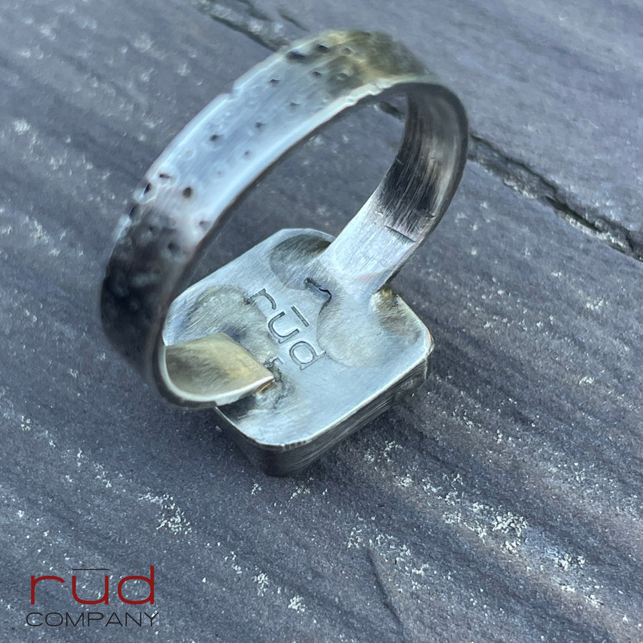 Agatized Petrified Wood, Freeform Beveled Square Cabochon Ring in Sterling Silver, Cocktail Ring, Starry Night Band - One of a kind - Rud