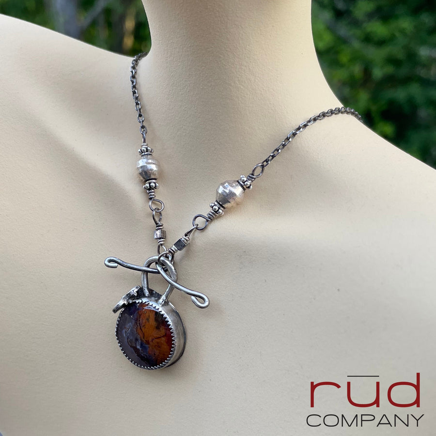 Agatized Multicolor Petrified Wood set in Sterling Silver Necklace, Handmade, Silversmith, One of a kind Artisan Jewelry from Rūd Company