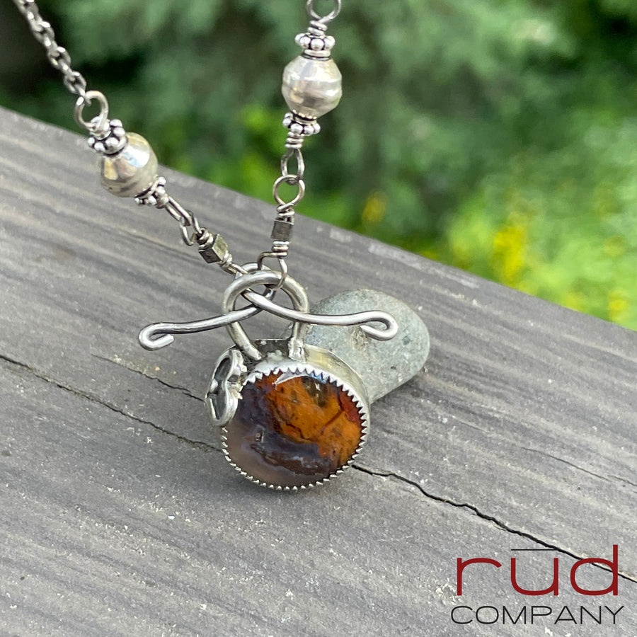 Agatized Multicolor Petrified Wood set in Sterling Silver Necklace, Handmade, Silversmith, One of a kind Artisan Jewelry from Rūd Company