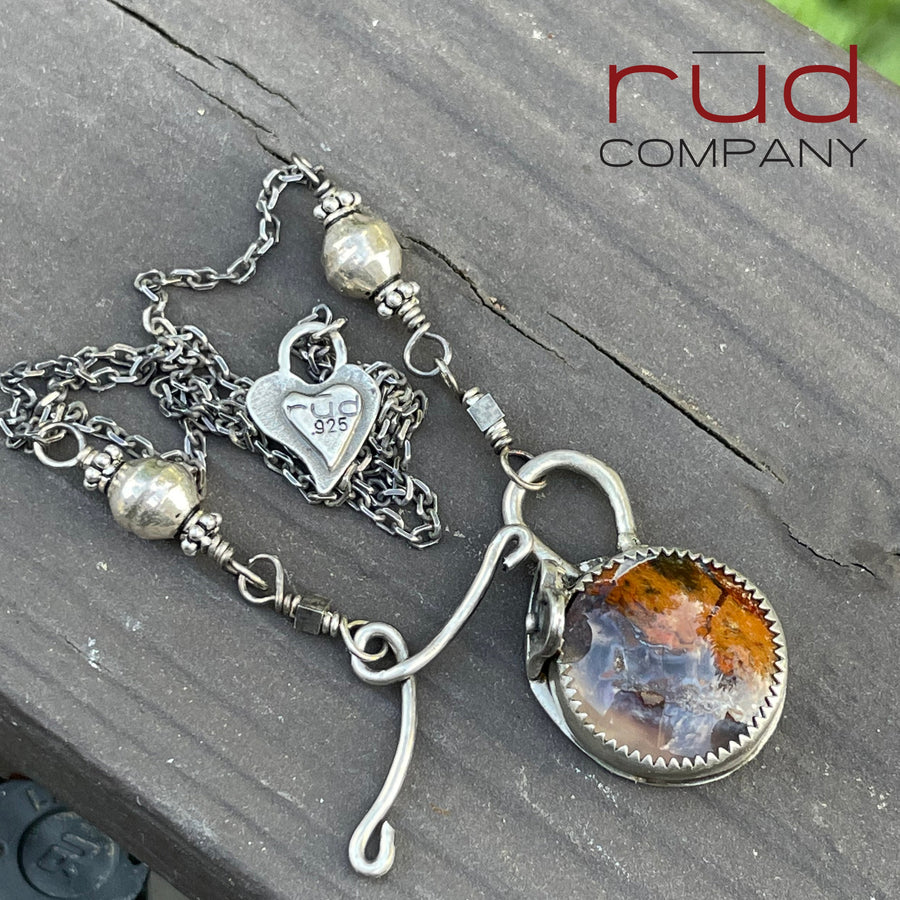 Agatized Multicolor Petrified Wood set in Sterling Silver Necklace, Handmade, Silversmith, One of a kind Artisan Jewelry from Rūd Company