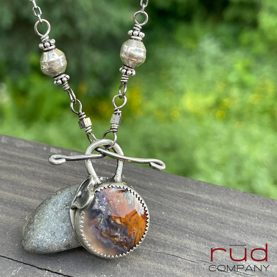 Agatized Multicolor Petrified Wood set in Sterling Silver Necklace, Handmade, Silversmith, One of a kind Artisan Jewelry from Rūd Company