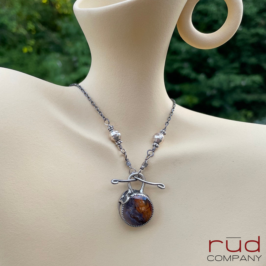 Agatized Multicolor Petrified Wood set in Sterling Silver Necklace, Handmade, Silversmith, One of a kind Artisan Jewelry from Rūd Company