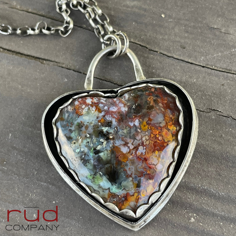 Agatized Multicolor Petrified Wood Heart set in Sterling Silver, Handmade Necklace, Silversmith, One of a kind Artisan Jewelry - Rūd Company