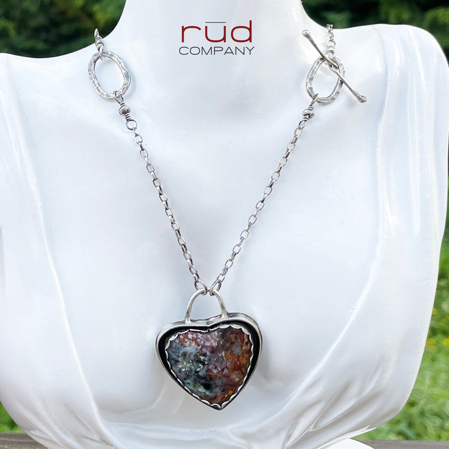 Agatized Multicolor Petrified Wood Heart set in Sterling Silver, Handmade Necklace, Silversmith, One of a kind Artisan Jewelry - Rūd Company