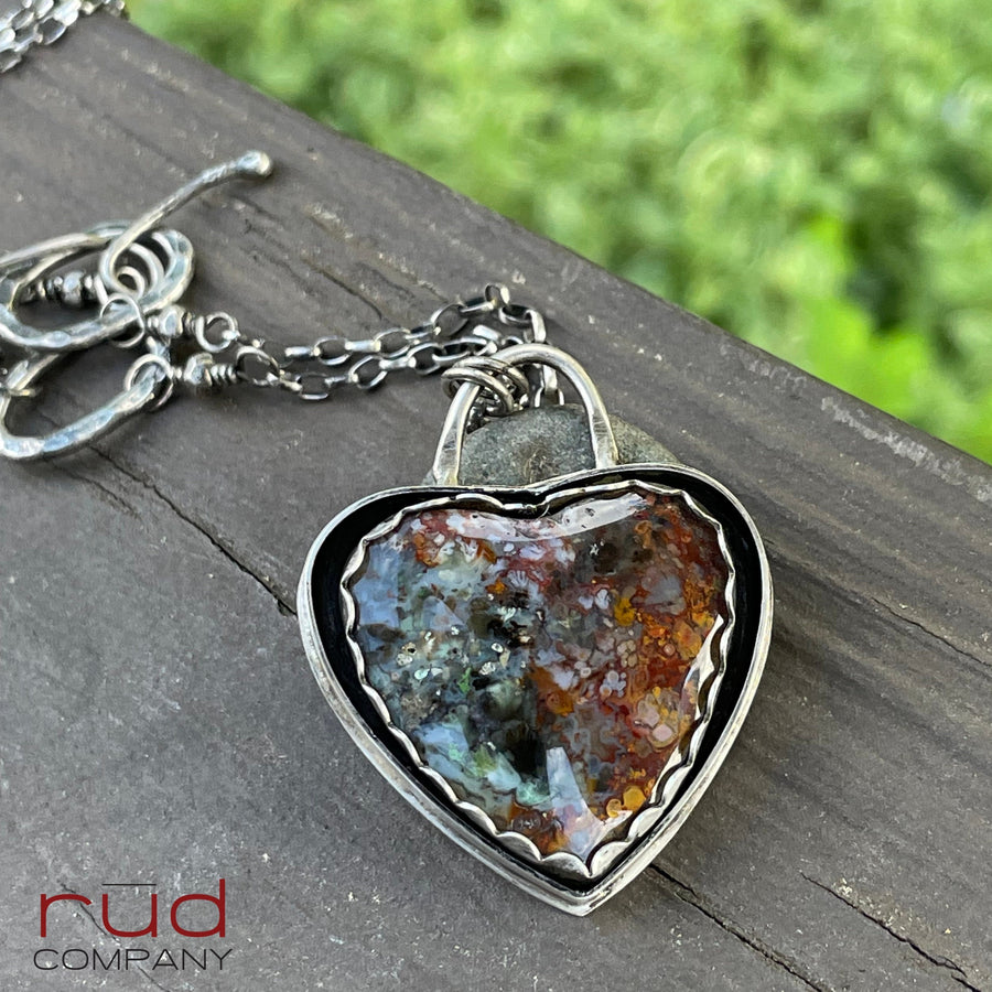 Agatized Multicolor Petrified Wood Heart set in Sterling Silver, Handmade Necklace, Silversmith, One of a kind Artisan Jewelry - Rūd Company