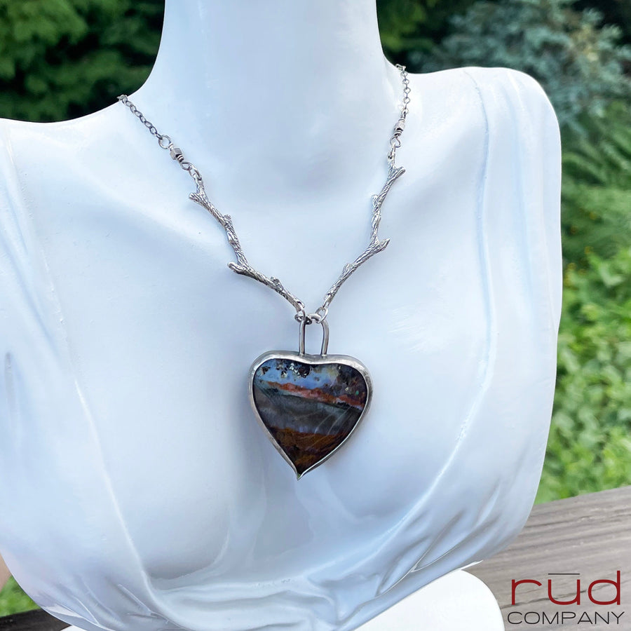 Agatized Multicolor Petrified Wood set in Sterling Silver Necklace, Handmade, Silversmith, One of a kind Artisan Jewelry from Rūd Company