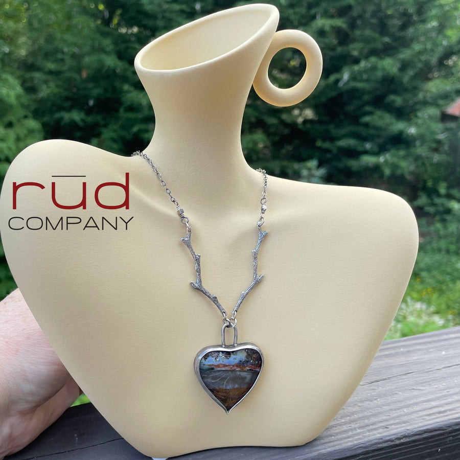 Agatized Multicolor Petrified Wood set in Sterling Silver Necklace, Handmade, Silversmith, One of a kind Artisan Jewelry from Rūd Company