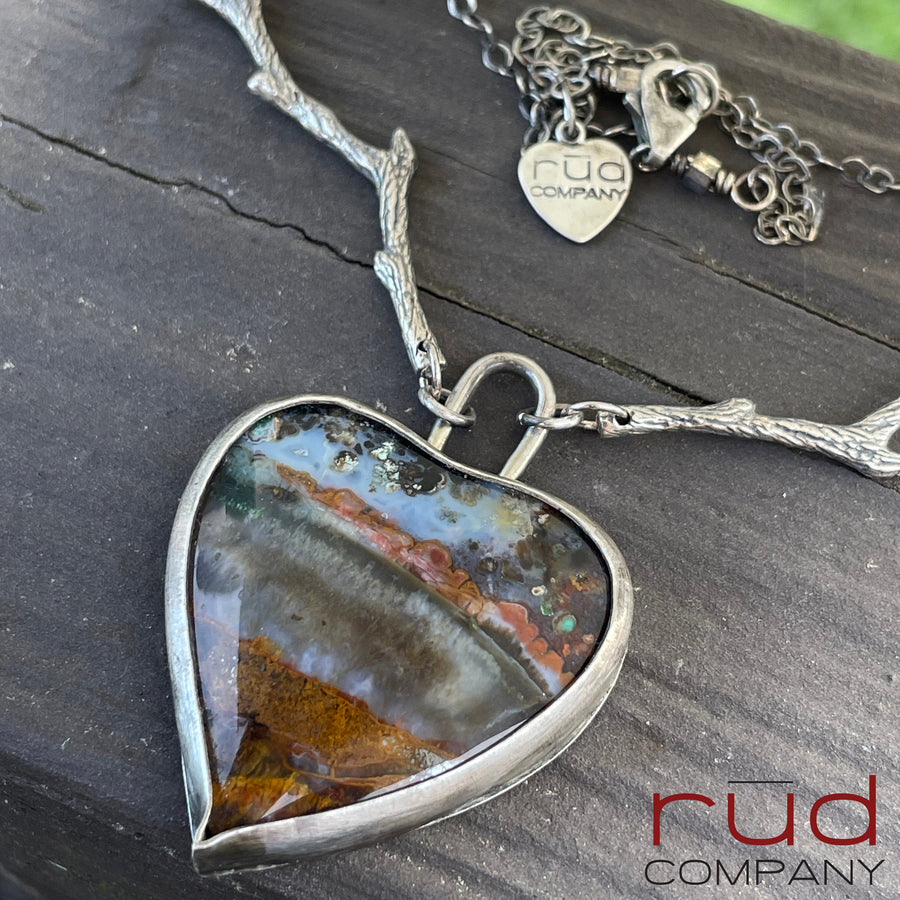 Agatized Multicolor Petrified Wood set in Sterling Silver Necklace, Handmade, Silversmith, One of a kind Artisan Jewelry from Rūd Company