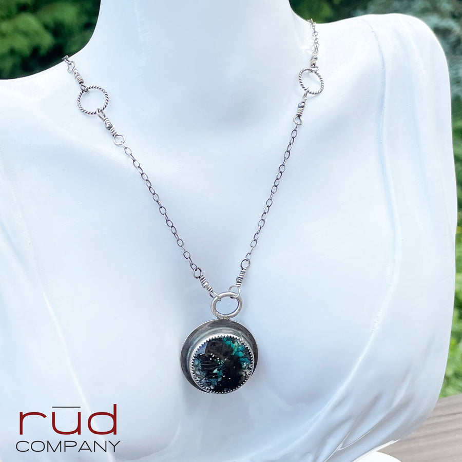 Agatized Multicolor Petrified Wood Round Cabochon set in Sterling Silver Necklace, Handmade, One of a kind Artisan Jewelry - Rūd Company