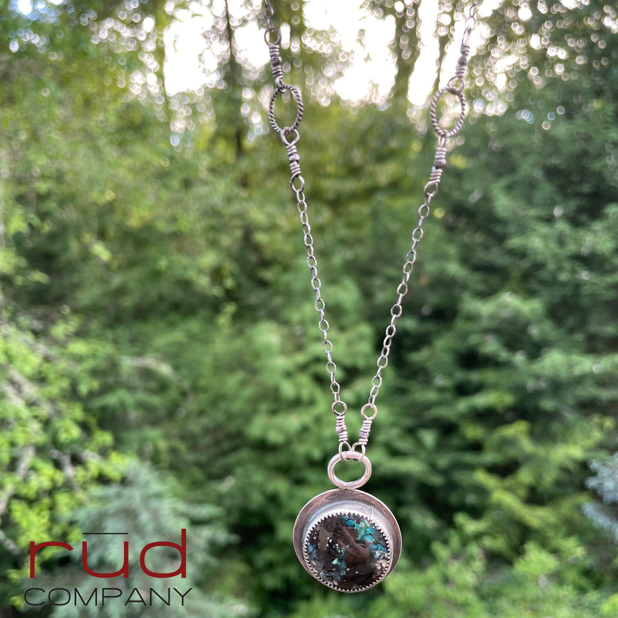 Agatized Multicolor Petrified Wood Round Cabochon set in Sterling Silver Necklace, Handmade, One of a kind Artisan Jewelry - Rūd Company