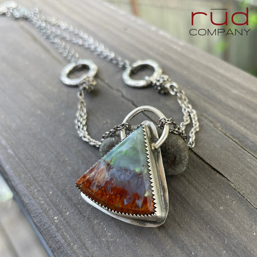 Agatized Multicolor Petrified Wood Triangular, Freeform Cabochon set in Sterling Silver Necklace, One of a kind Artisan Jewelry -Rūd Company