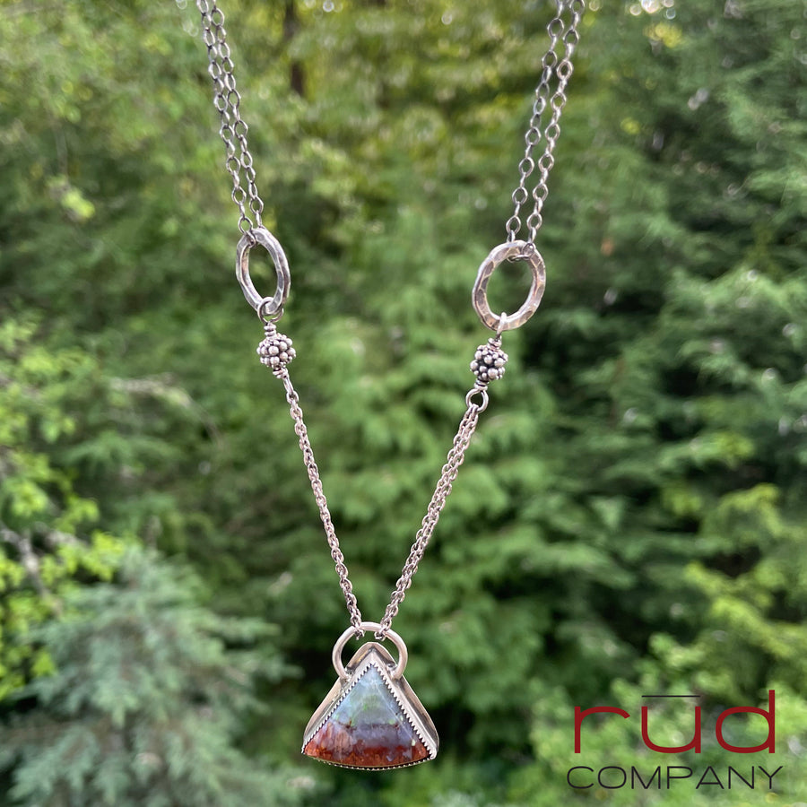 Agatized Multicolor Petrified Wood Triangular, Freeform Cabochon set in Sterling Silver Necklace, One of a kind Artisan Jewelry -Rūd Company