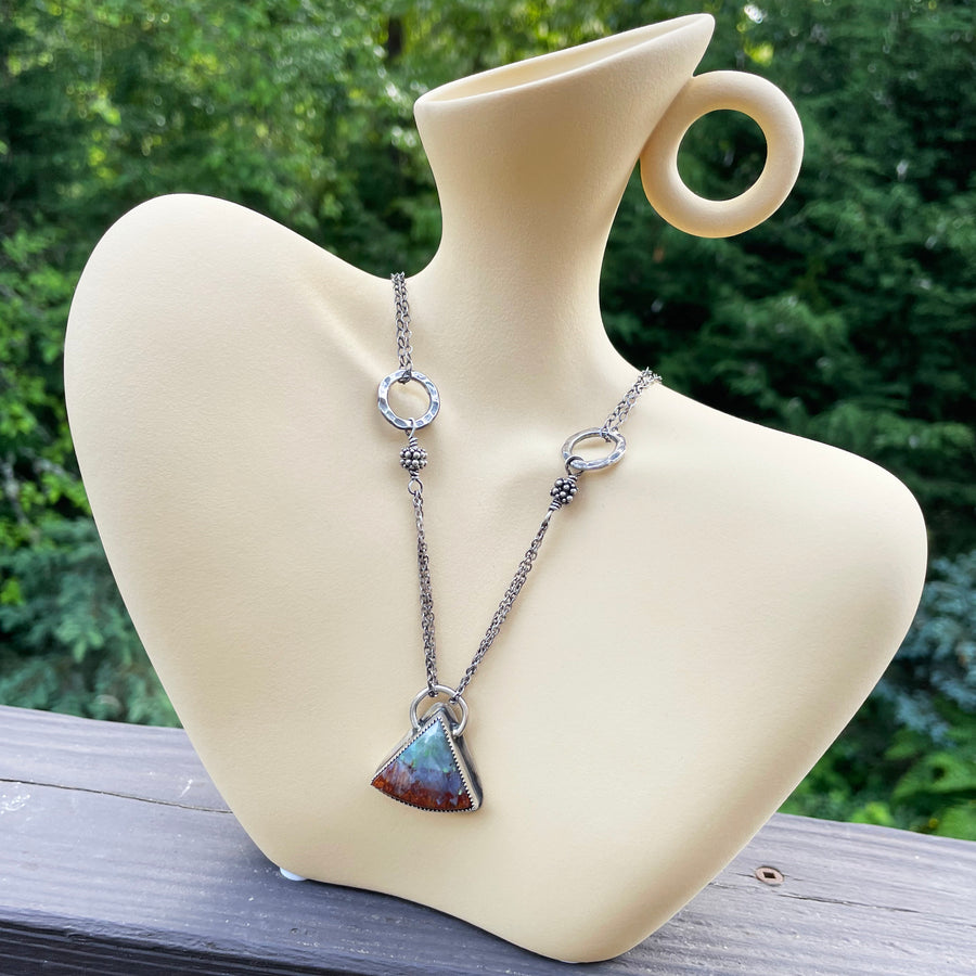 Agatized Multicolor Petrified Wood Triangular, Freeform Cabochon set in Sterling Silver Necklace, One of a kind Artisan Jewelry -Rūd Company