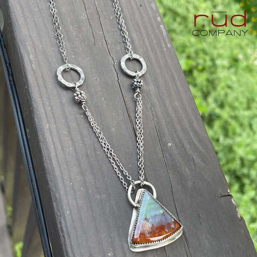 Agatized Multicolor Petrified Wood Triangular, Freeform Cabochon set in Sterling Silver Necklace, One of a kind Artisan Jewelry -Rūd Company