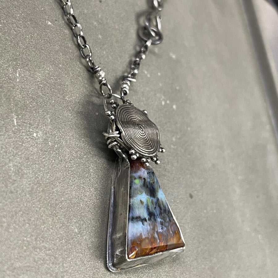 Agatized Multicolor Petrified Wood Triangular, Freeform Cabochon set in Sterling Silver Necklace, One of a kind Artisan Jewelry -Rūd Company