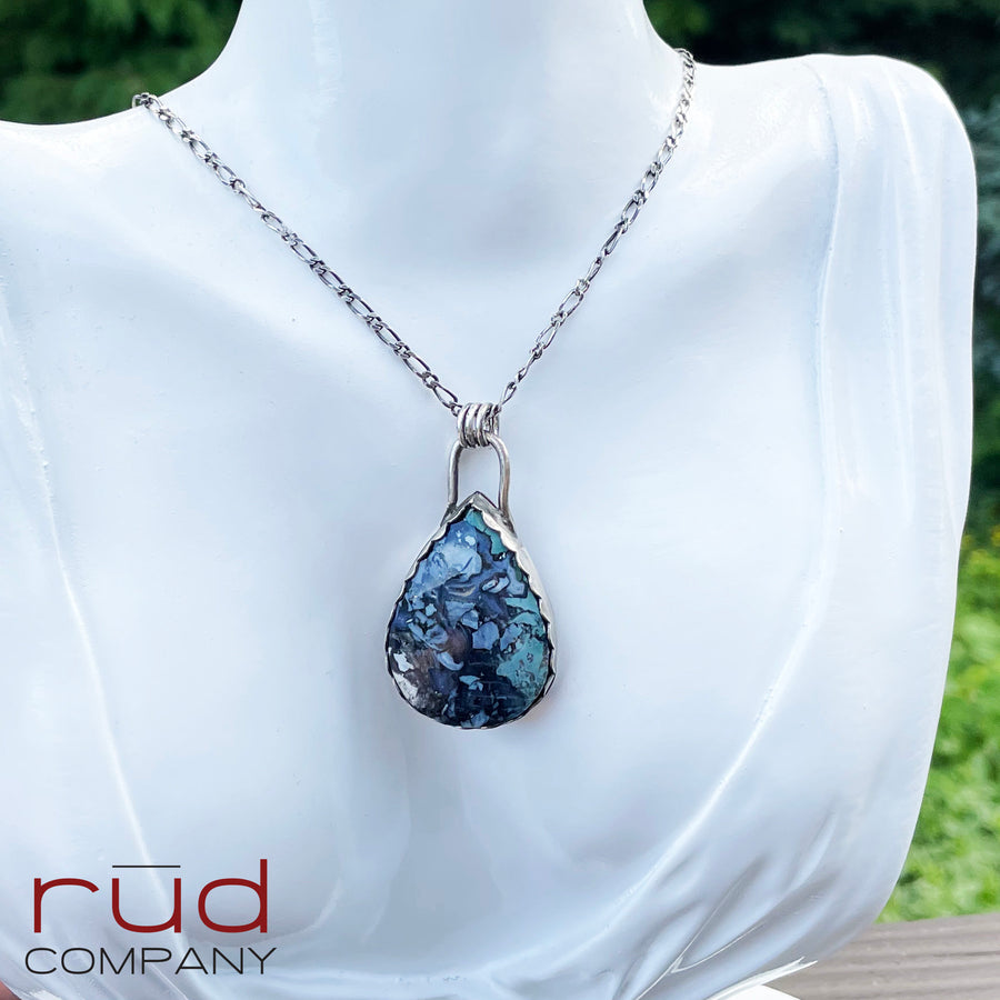 Agatized Multicolor Petrified Wood Teardrop Cabochon set in Sterling Silver Necklace, Handmade, One of a kind Artisan Jewelry - Rūd Company