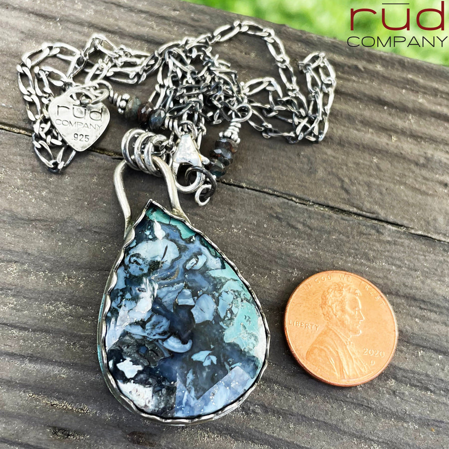 Agatized Multicolor Petrified Wood Teardrop Cabochon set in Sterling Silver Necklace, Handmade, One of a kind Artisan Jewelry - Rūd Company