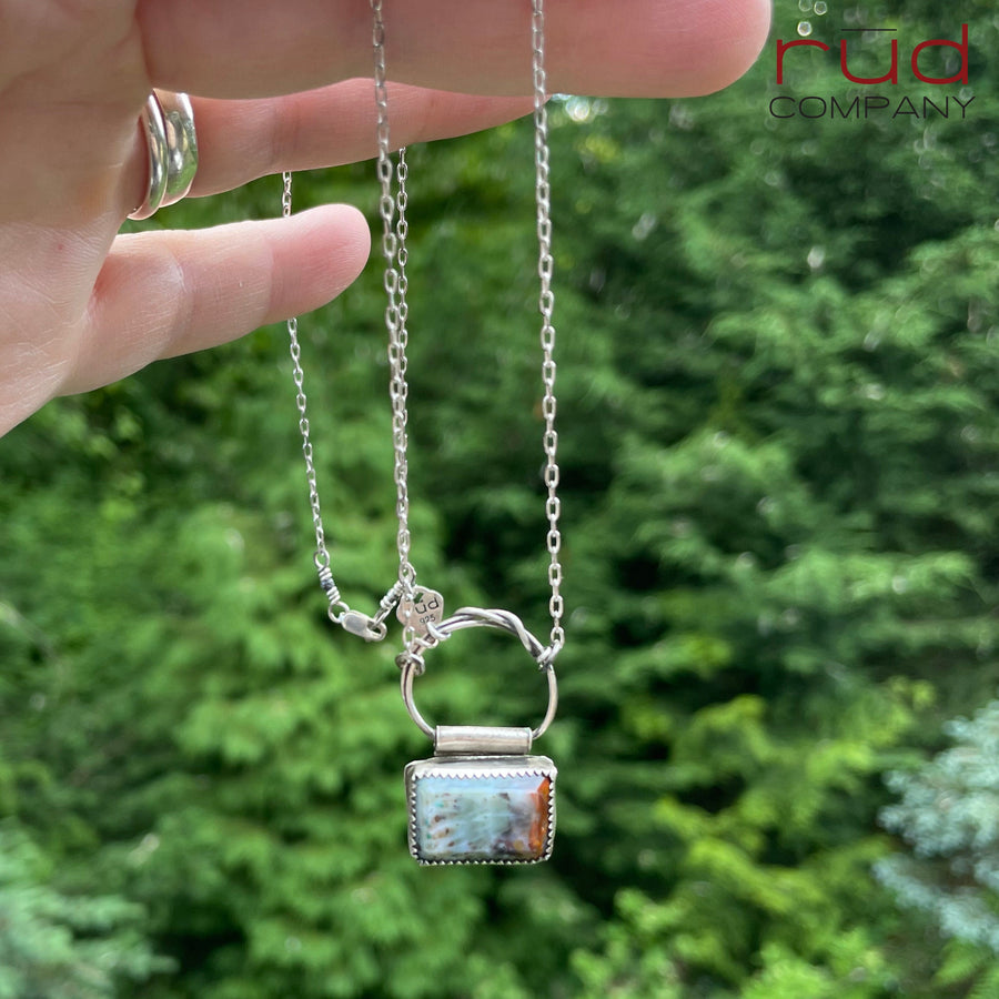 Agatized Multicolor Petrified Wood Rectangular Cabochon set in Sterling Silver Necklace, Handmade, One of a kind Artisan Jewelry-Rūd Company