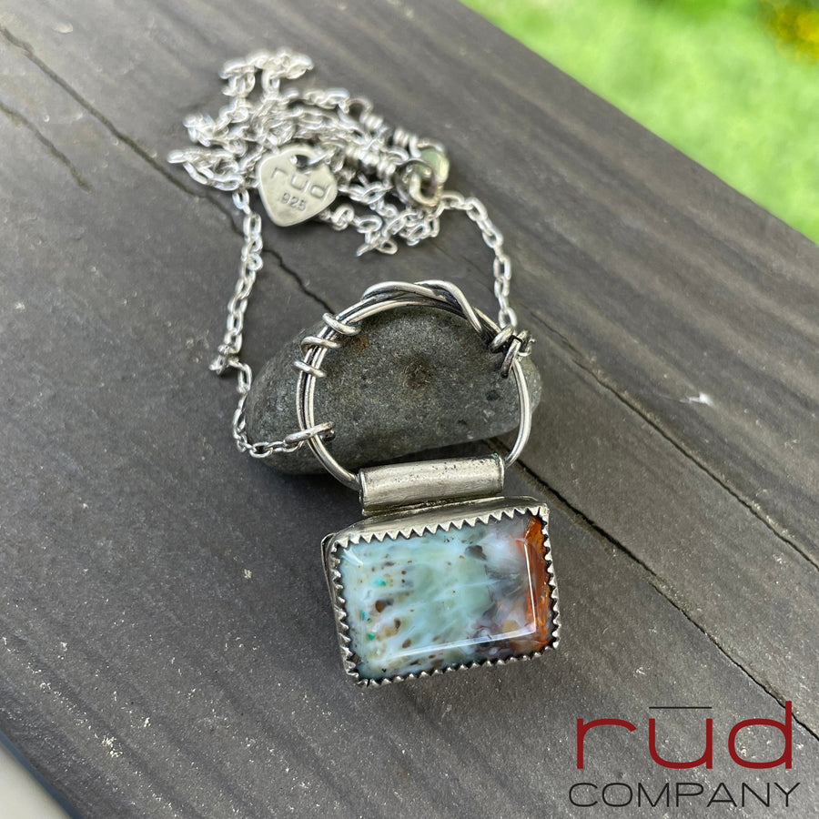 Agatized Multicolor Petrified Wood Rectangular Cabochon set in Sterling Silver Necklace, Handmade, One of a kind Artisan Jewelry-Rūd Company