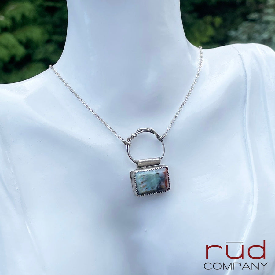 Agatized Multicolor Petrified Wood Rectangular Cabochon set in Sterling Silver Necklace, Handmade, One of a kind Artisan Jewelry-Rūd Company