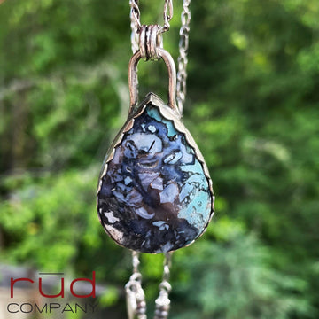 Agatized Multicolor Petrified Wood Teardrop Cabochon set in Sterling Silver Necklace, Handmade, One of a kind Artisan Jewelry - Rūd Company